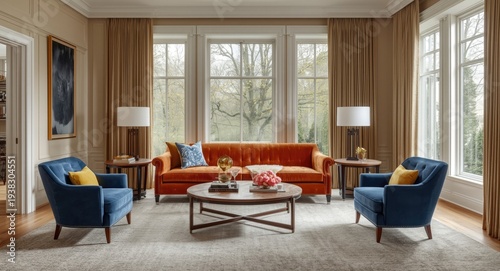 Elegant living room front view with vintage orange sofa and cozy blue and yellow chairs