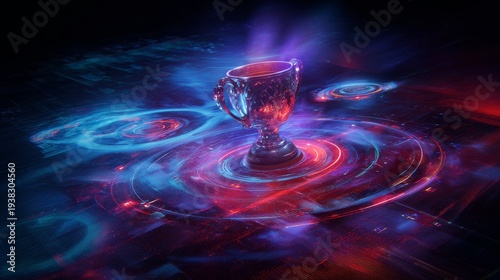 3D metallic trophy cup floating in digital void with neon blue and purple lights, glowing circular interfaces, symbolizing victory, achievement, esports, virtual reality, and gaming success
