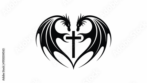 Tattoo design of a heart with wings and a cross symbolizing love and spirituality in a black silhouette on a white background