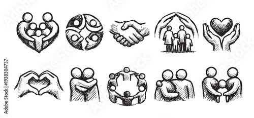 Hand-drawn sketch icons showcase concepts of family, community, love, and support through gestures and symbols. Ideal for themes of healthcare, charity, relationships, and togetherness.