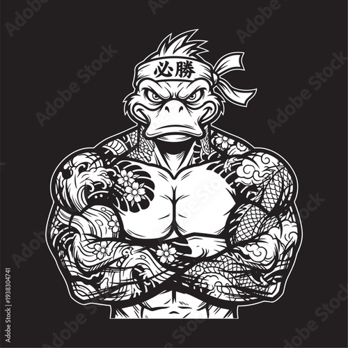 Muscular Warrior Duck Mascot with Japanese Irezumi Tattoos and Hachimaki Headband.