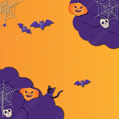 Halloween Background With Purple Paper Cut Clouds, Jack-O'-Lanterns, Bats, Black Cat and Skulls