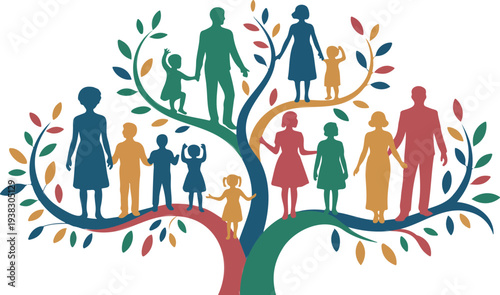 Vibrant artistic tree of life with colorful leaves and silhouettes of active family members in various poses