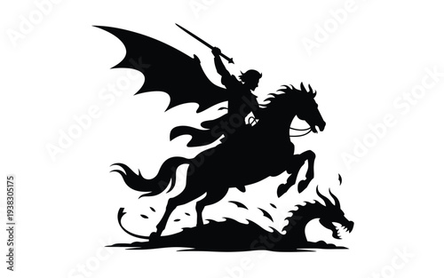 Dramatic black silhouette of a winged knight on horseback battling a dragon dynamic action scene mythical creature fight