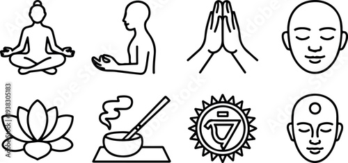 Yoga and meditation icons of people in poses lotus flower incense and chakras representing inner peace