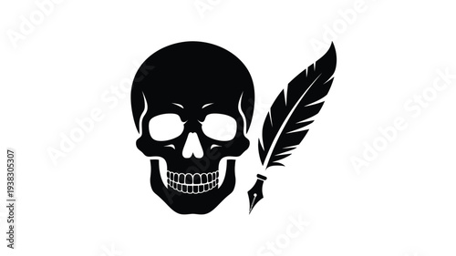 Black silhouette of a skull with a quill pen symbolizing dark creativity and writing on a plain white background