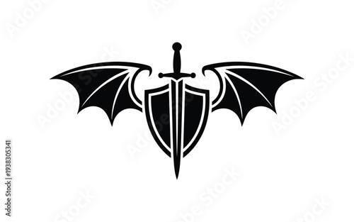 Black silhouette of sword and shield with bat wings on white background symbolizing protection and strength in fantasy and gothic designs
