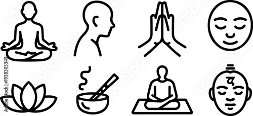 Yoga and meditation icons of people in poses lotus flower incense and chakras representing inner peace