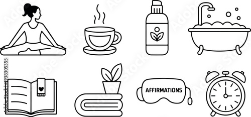 Woman practicing yoga and meditation line art icons for wellness routine including coffee bath and reading book