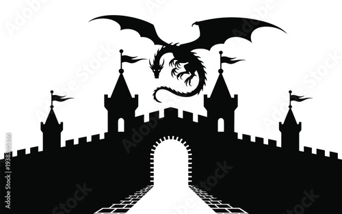 Mysterious castle silhouette with dragon flying above turrets and flags on white background fantasy scene illustration
