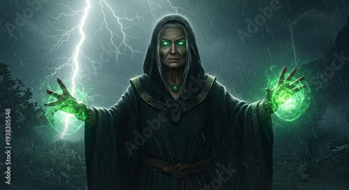 Mystical Sorceress Unleashes Storm: An enchanting sorceress, radiating power with illuminated green energy, commands a dramatic thunderstorm with a lightning strike. 