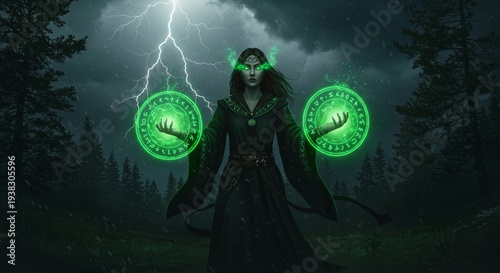 Mystical Sorceress: An enigmatic sorceress, radiating an aura of mystical power, stands poised amidst a foreboding landscape, her eyes glowing with arcane energy and summoning ethereal orbs.