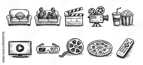 Set of sketch icons representing a movie night including popcorn, family on a sofa, clapperboard, vintage camera, 3D glasses, film reel, pizza, remote control.