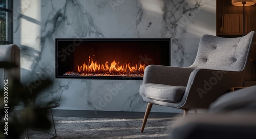 Modern electric fireplace featuring lifelike flames set on white marble with cozy gray chair in relaxed evening