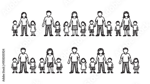Illustration features doodle style families, parents and children holding hands, creating a simple, happy and loving mood, suitable for web, print, or design projects.