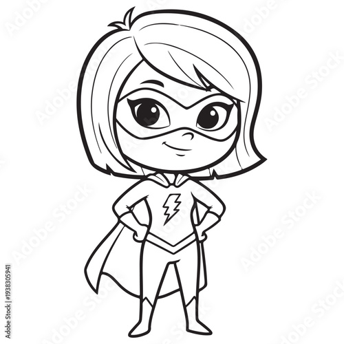 Cute Cartoon Superhero Girl Outline Illustration for Coloring