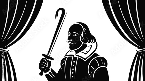 Dramatic black and white illustration of man in 16th century attire holding sword with hook standing between open curtains on white background