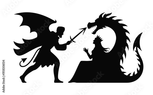 Dramatic silhouette of angel warrior fighting dragon to protect kneeling person mythical battle scene fantasy concept art dark magic heroic struggle spiritual conflict surreal