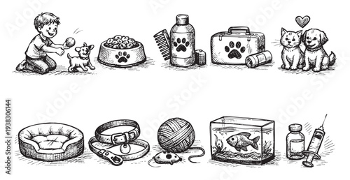 Black and white pet care illustration showing a boy playing with a puppy, pet supplies, cat, dog, and fish. Can be used for websites, books, or other materials.