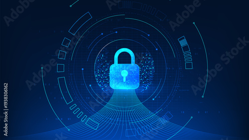 Quantum cybersecurity technology background digital lock interface with flowing data lines, advanced encryption, quantum computing security, data protection, network defense, cyber security systems.