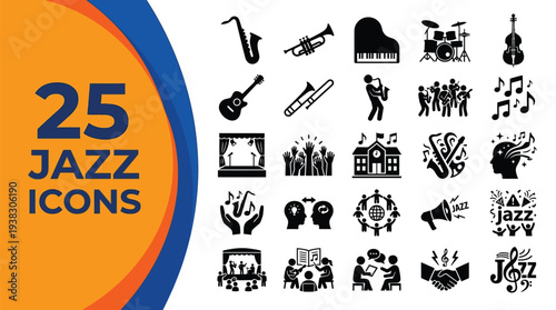 A collection of twenty-five black icons represents jazz music themes.