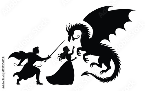 Medieval knight in shining armor fights dragon to save princess in distress fantasy silhouette scene with mythical creatures and heroic action