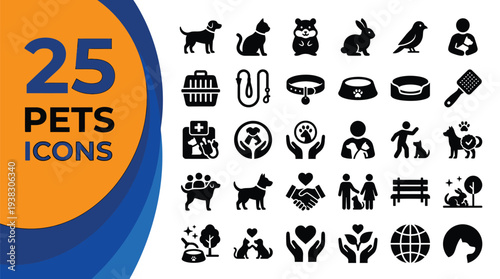 Twenty-five assorted pet care and animal concept icons are displayed.