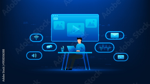 Technology background featuring a man live streaming digital icons for live broadcast, social media interaction, and online content creation, representing streaming technology, influencer culture
