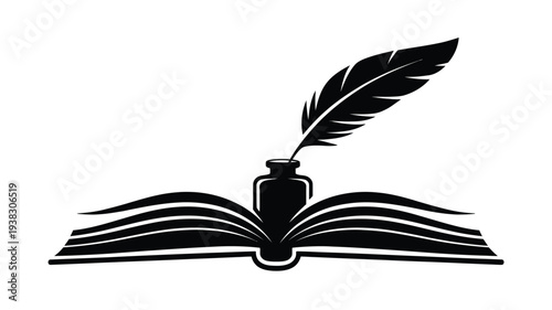 Open book with inkwell and quill pen symbolizing literature writing and creativity in simple black and white design