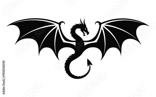 Black dragon silhouette with wings spread and tail curled mythical creature icon