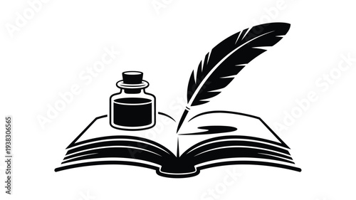 Open book with inkwell and quill pen symbolizing literature and traditional writing on a clean white background