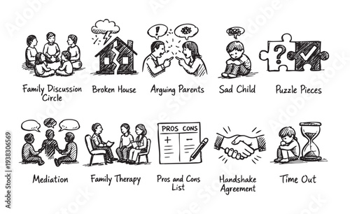 Illustration shows family conflict, resolution processes, and support systems in black and white sketches, symbolizing challenges and steps toward healing and improved relationships.