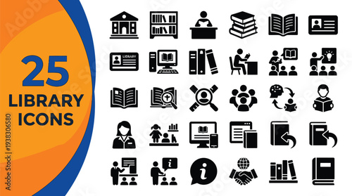 Library icons set displays books, reading, and educational.