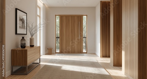 Bright minimalist foyer featuring natural wood textures and stylish decor in calm neutrals