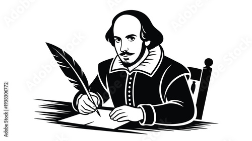Man writing with quill pen on paper historical illustration of literary figure in traditional attire black and white artwork classic literature inspiration 16th century style