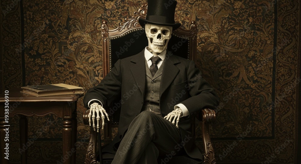 Fototapeta premium Elegance in Death: A skeletal figure, dapper in formal attire, exudes an unsettling yet sophisticated aura while seated in an antique armchair.