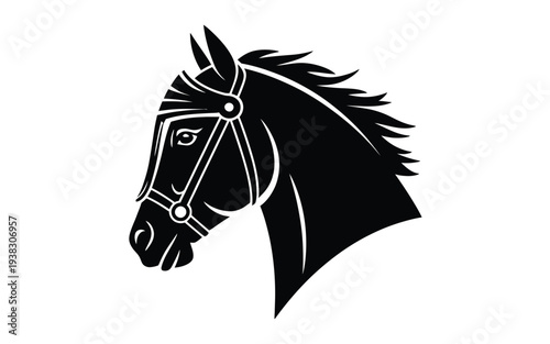 Black and white horse head illustration with bridle and flowing mane on white background symbolizing equestrian elegance and freedom