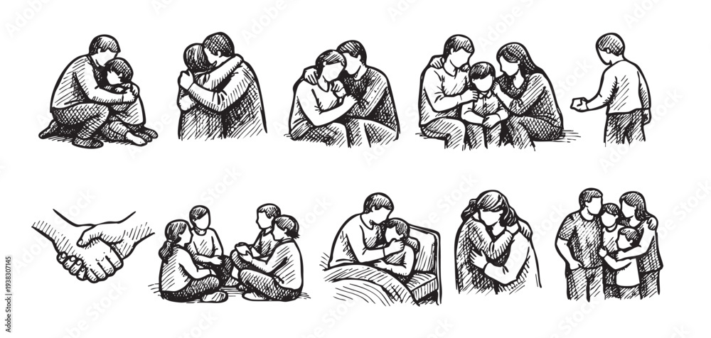 Obraz premium A collection of hand-drawn family sketches showing embraces, support, and togetherness in various scenarios, rendered in a simple black and white style for a touching and empathetic feel.