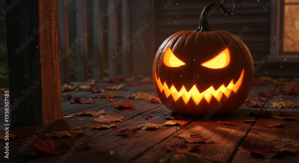Obraz premium Spooky Jack-o'-Lantern: An eerie pumpkin with a carved face glows with an orange light on a porch, evoking the spirit of Halloween in a mysterious and chilling scene.