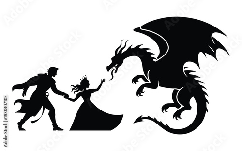 Man rescuing princess from dragon silhouette illustration mythical creature fantasy scene legendary story black and white artwork