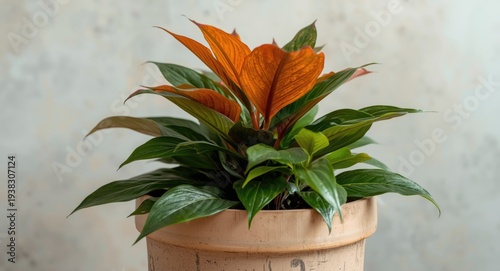 Decorative pot featuring a Philodendron Orange Princess closeup with rich green foliage and natural textured backdrop perfect for copyspace