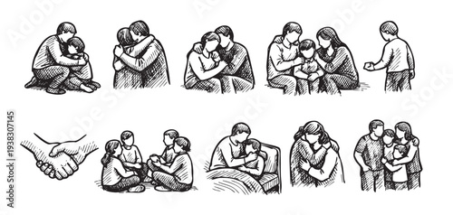 A collection of hand-drawn family sketches showing embraces, support, and togetherness in various scenarios, rendered in a simple black and white style for a touching and empathetic feel.