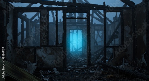 Mysterious Blue Light in Ruin: A chilling scene of a charred structure stands in the desolate aftermath, a haunting glow emits through a doorway