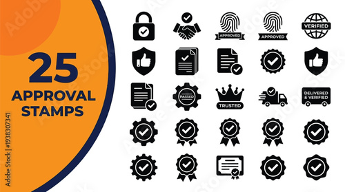 Twenty-five approval stamps and quality assurance icons are presented.