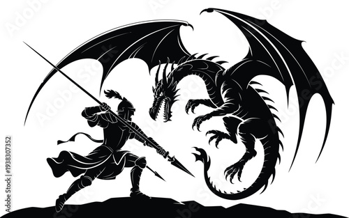 Medieval knight in armor fights giant dragon with sword mythical battle scene fantasy concept art