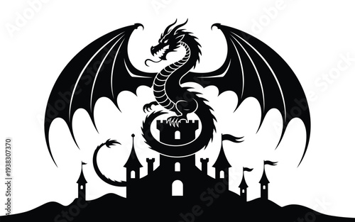 Fantasy dragon silhouette illustration with medieval castle and cloudy background mythical creature artwork in black and white