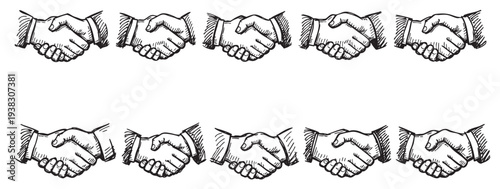 Repeating pattern of hand-drawn style handshakes, creating a business or cooperation backdrop. Isolated on a white backdrop for easy use, with a clean, professional feel.