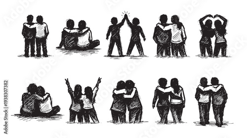 Line art illustration showing various groups of people hugging, high-fiving, and celebrating together with affection. The sketch style evokes feelings of friendship and togetherness.