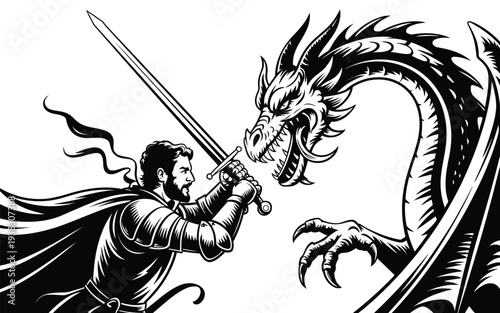 Brave knight in armor fights fierce dragon with sword medieval battle scene mythical creatures fantasy concept