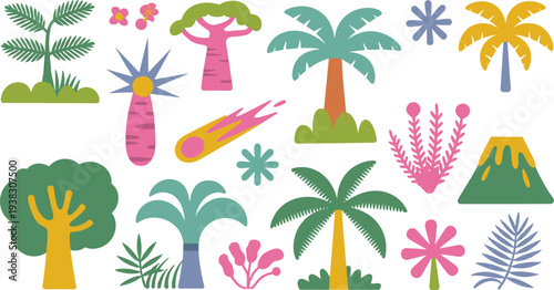 Tropical nature elements vector set, flat minimalist jungle plants, palm trees, volcano, comet, abstract botanical icons, colorful clipart collection